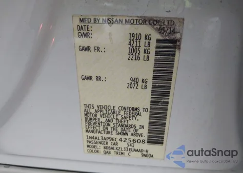 2014 Nissan Altima 2.5 Sl из США, поврежденный, VIN 1N4AL3AP9EC425608